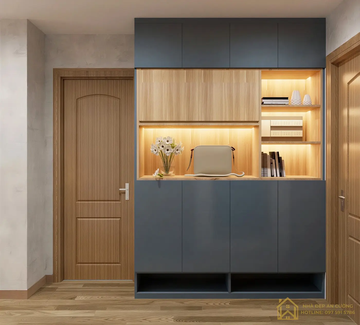 Tủ giày âm tường kết hợp kệ trang trí lối vào căn hộ thi công nội thất chung cư Hà Nội