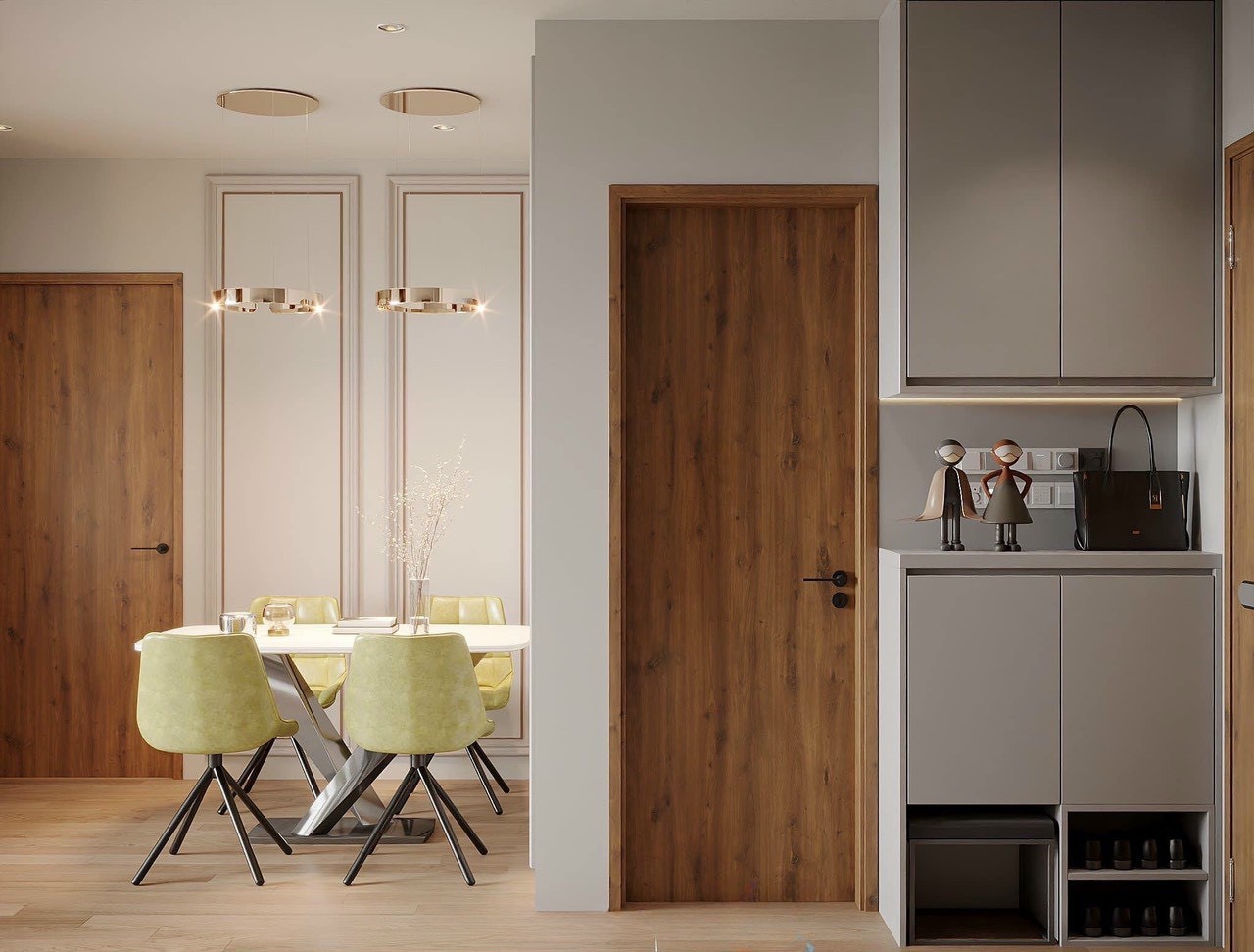 Tủ giày lối vào kết hợp kệ trang trí nội thất căn hộ 2 phòng ngủ Vinhomes Smart City Hà Nội