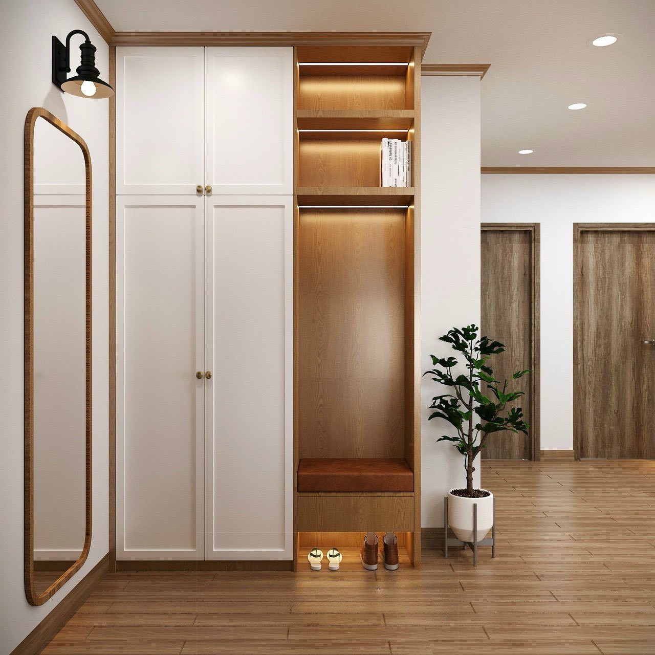 Tủ giày Shaker trắng kệ ngồi và gương sàn vòm gỗ lối vào căn hộ Times City Park Hill