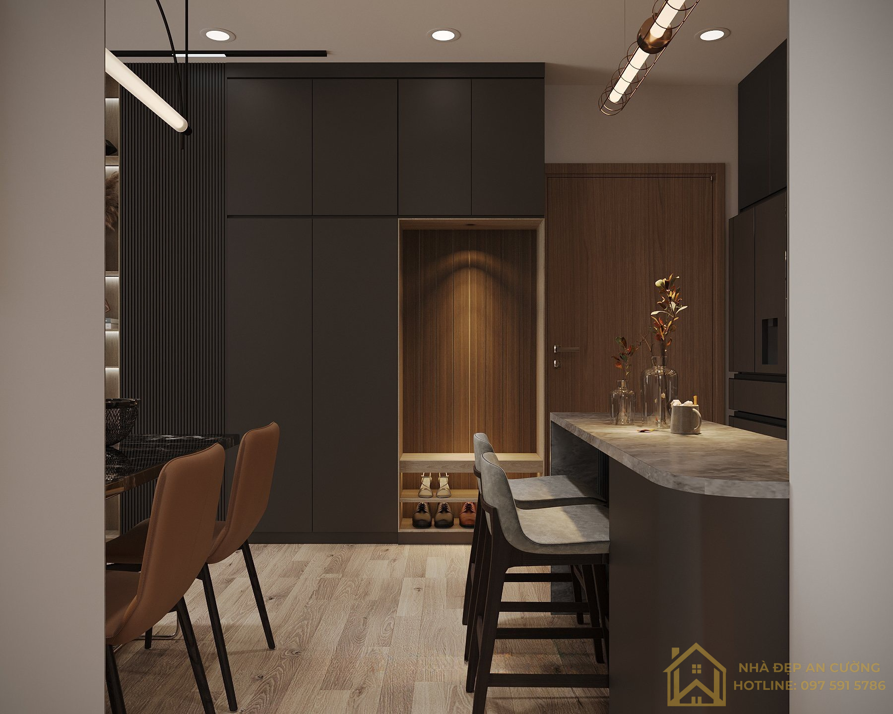 Tủ giày lối vào xám anthracite ô kệ gỗ walnut đèn LED căn hộ Imperia Smart City