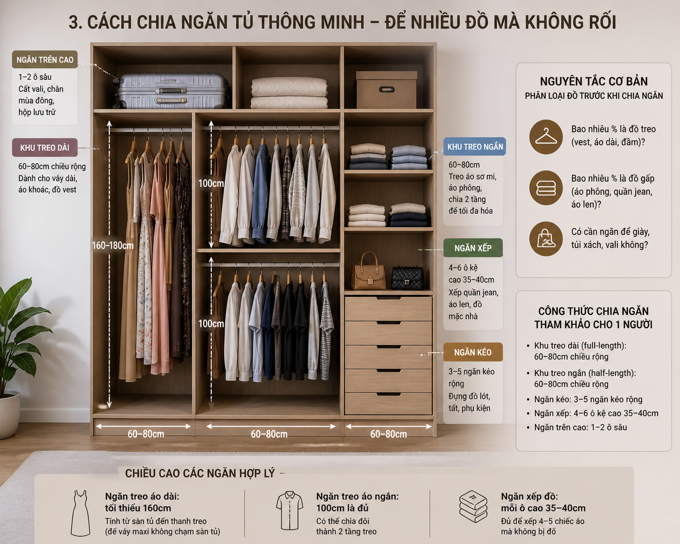 Cách chia ngăn tủ quần áo thông minh để tối ưu diện tích tủ - thiết kế nội thất chung cư hiện đại