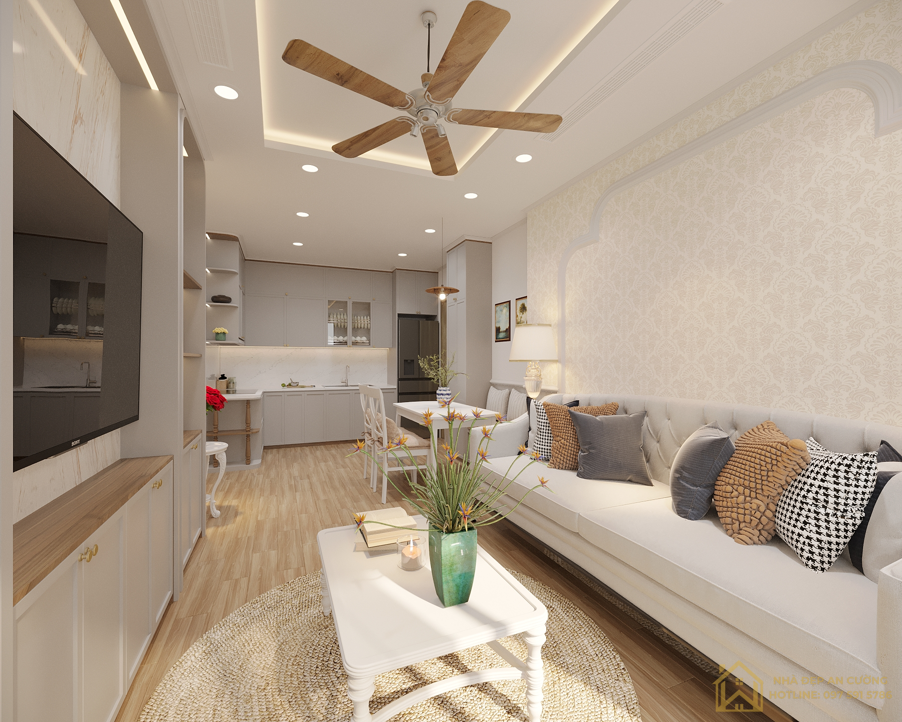 Phòng khách bếp mở tông trắng kem gỗ sáng quạt trần cánh gỗ chung cư 2PN Vinhomes Smart City