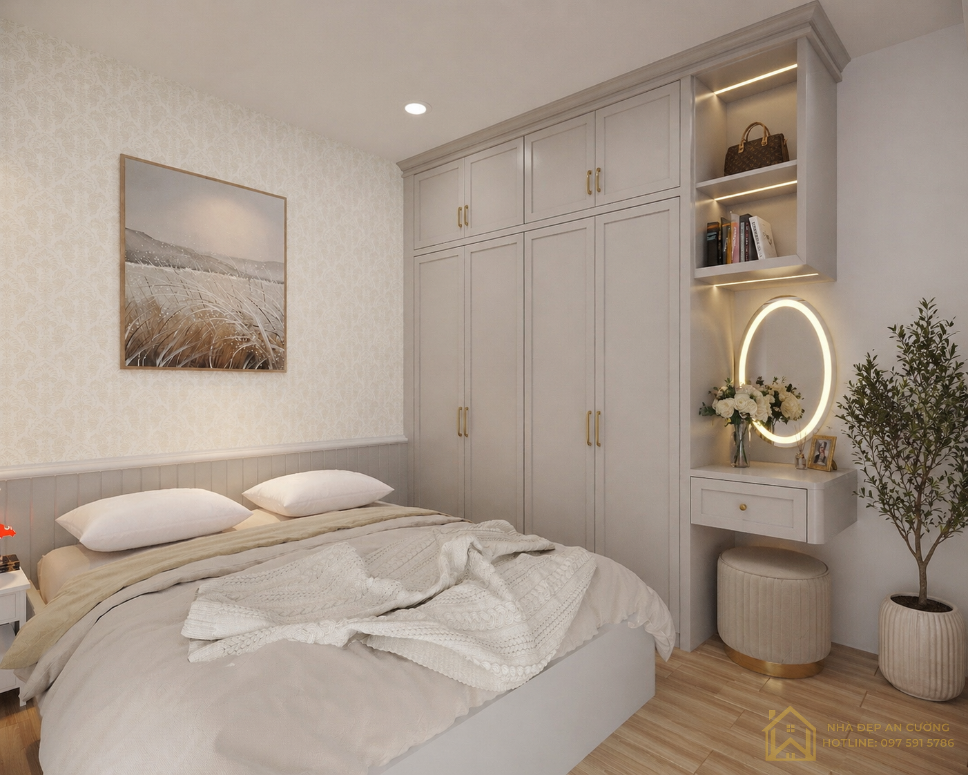Góc bàn trang điểm gương oval LED phòng ngủ 2 French Vintage Vinhomes Smart City