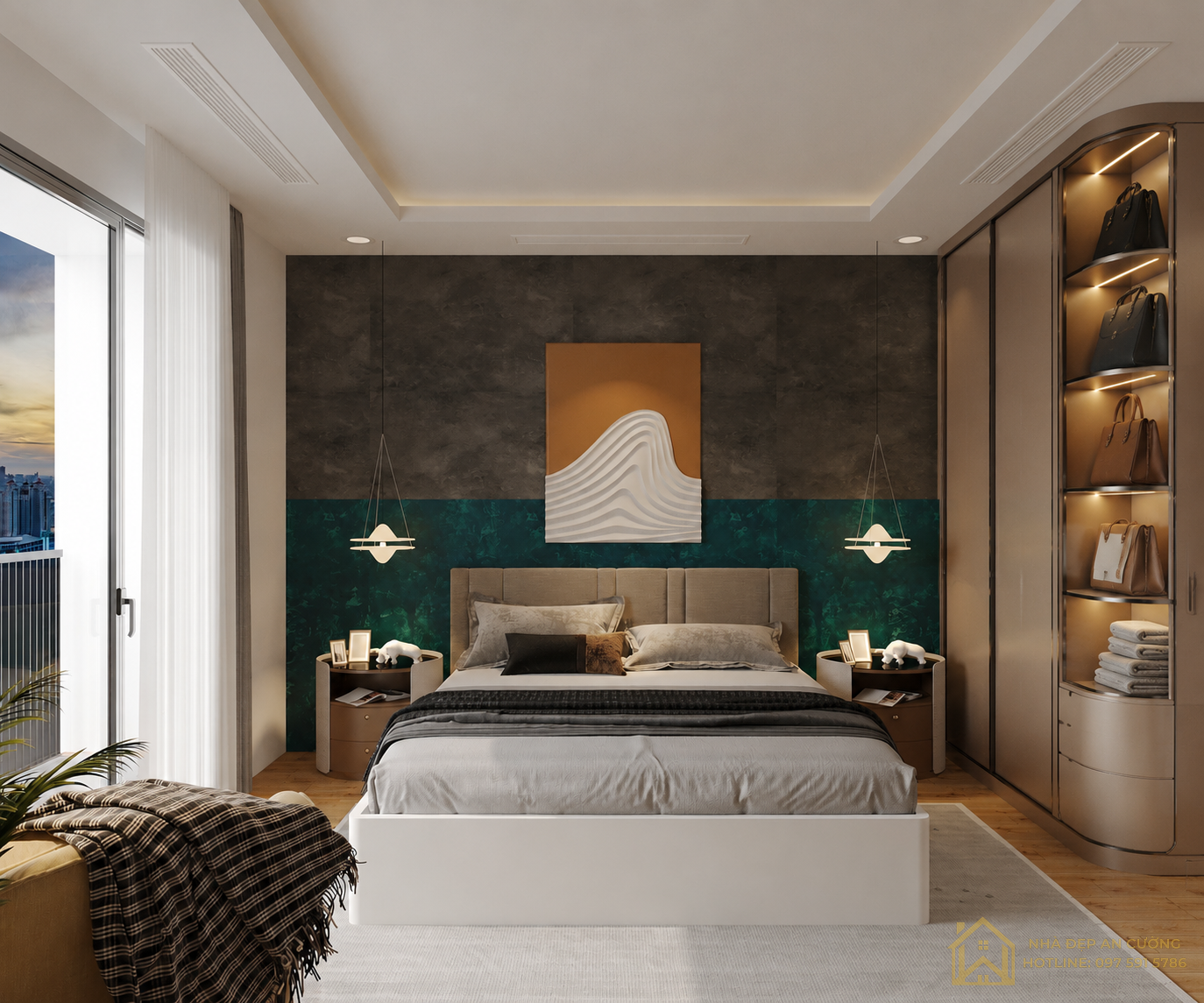 Toàn cảnh phòng ngủ studio vách xi măng xám xanh rêu đậm tủ quần áo bo cong Vinhomes Ocean Park