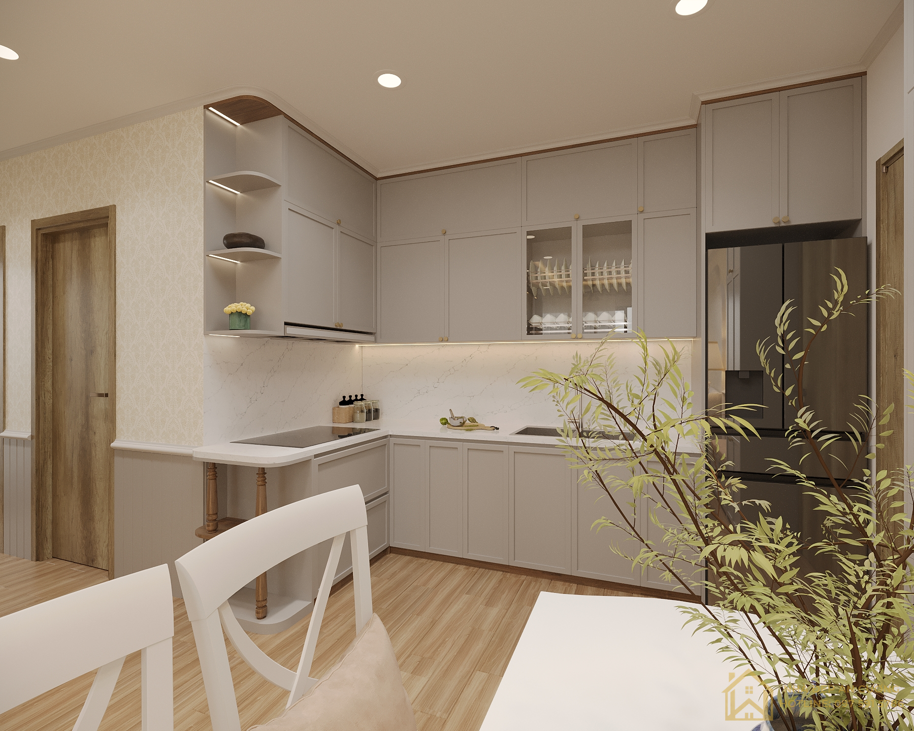 Tủ bếp xám nhạt cánh phào viền ốp tường đá trắng marble chung cư 2PN Vinhomes Smart City