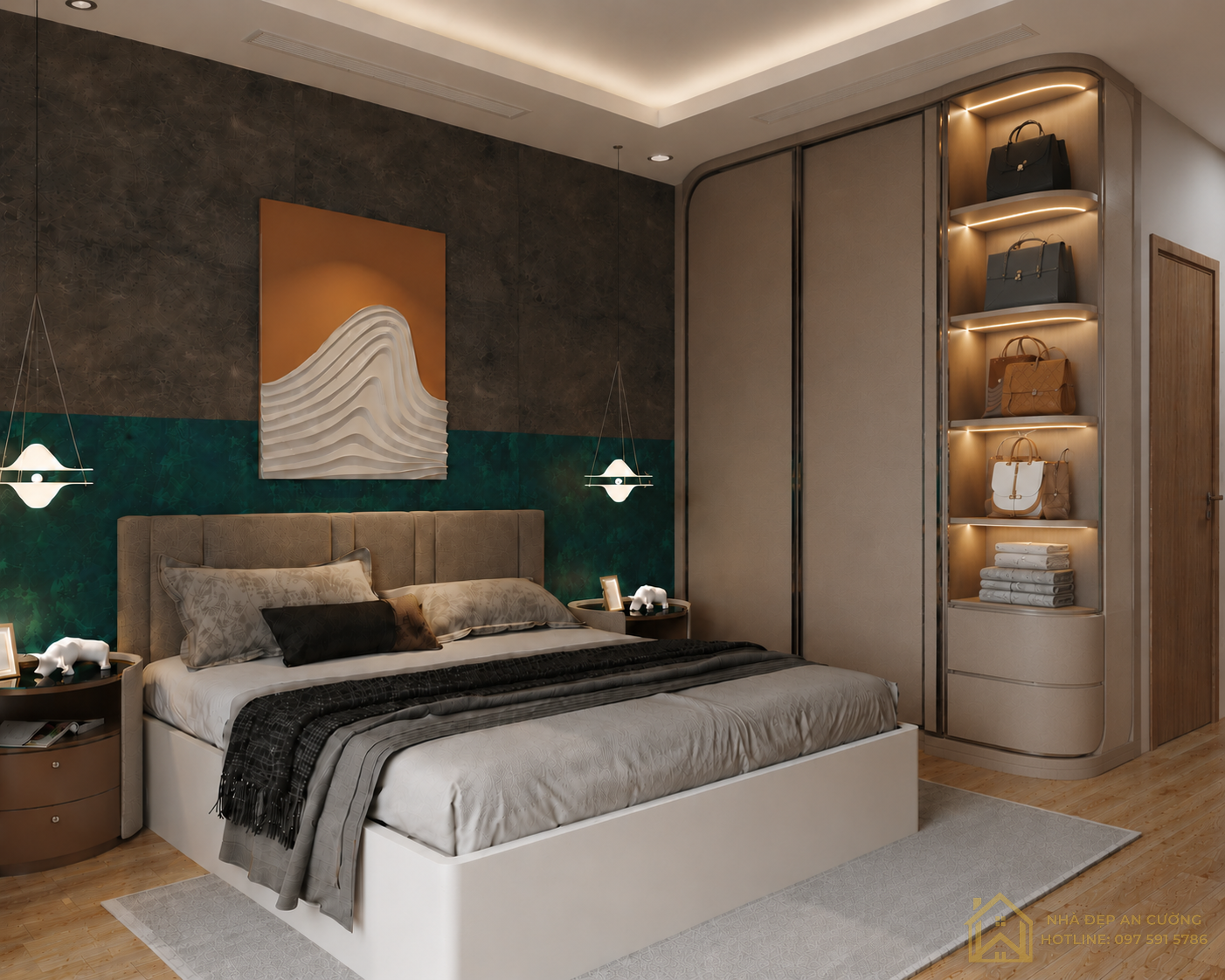 Tủ quần áo bo cong kệ trưng bày túi xách đèn LED studio Vinhomes Ocean Park 35m²