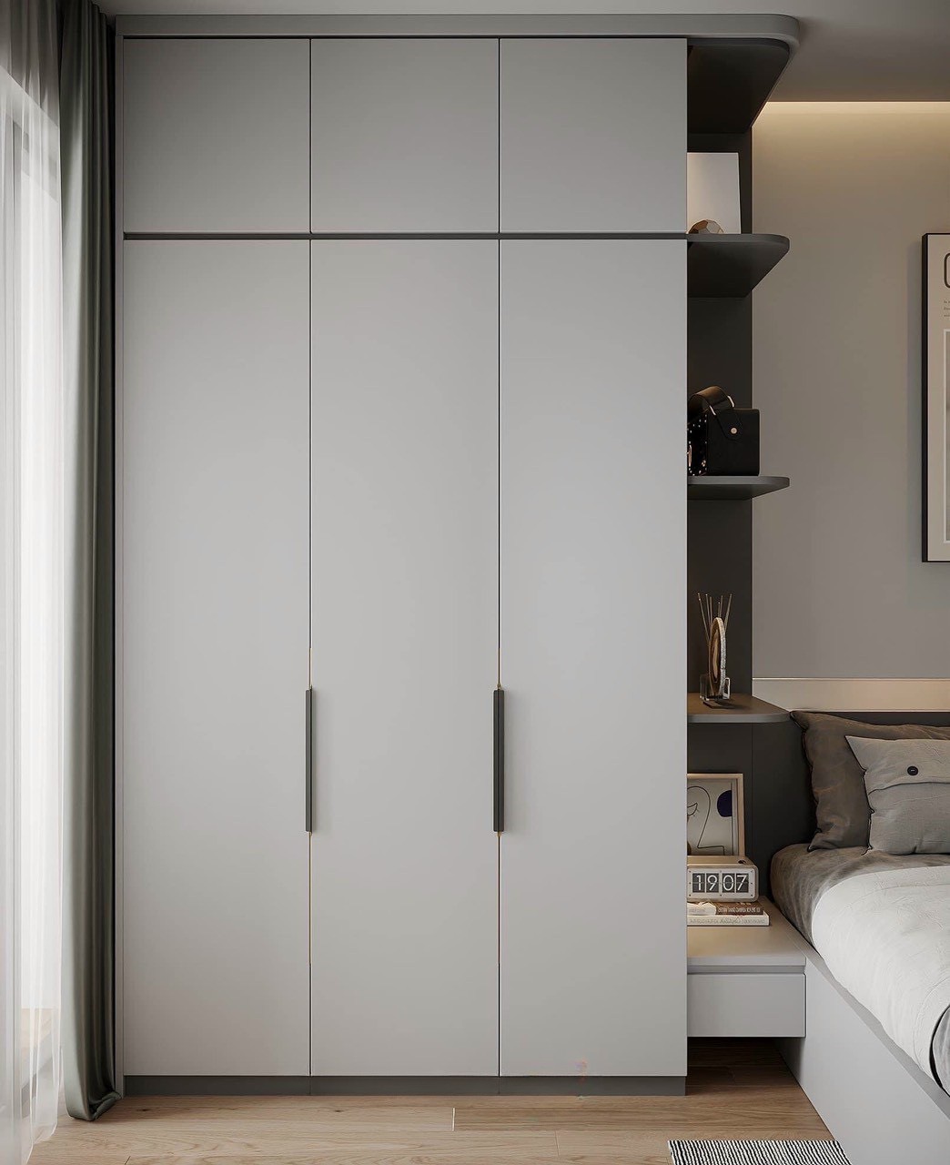 Tủ quần áo cánh mở bằng gỗ MDF, full height, màu ghi sáng - phòng ngủ hiện đại chung cư Hà Nội